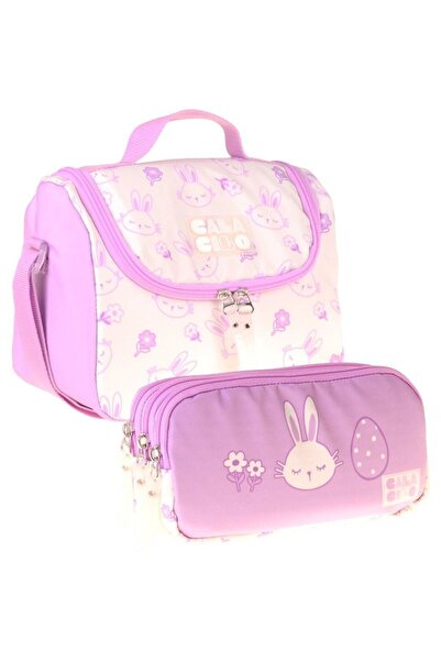 CalaCilo Rabbit Printed Girls' Lilac Color Lunchbox and Pen Holder Set - Setc...