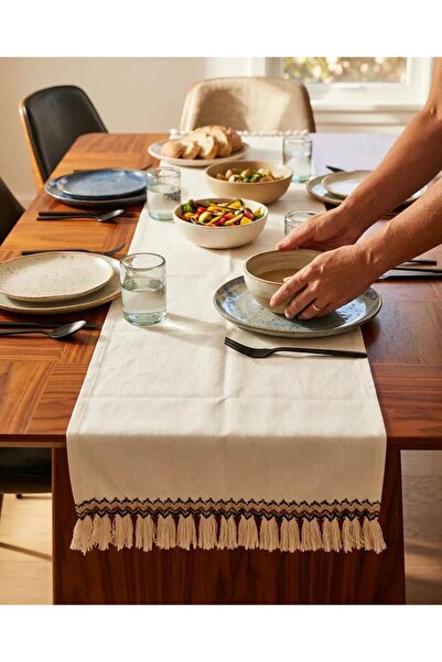 homease Bohem Tarz Püsküllü Dertsiz Runner 40*140 - Konsol & Yemek Masası Runner