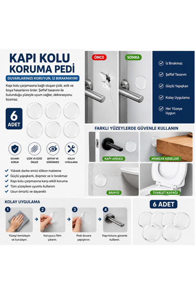 GELDİMİCOM 6 Adet Şeffaf Silikon Kapı Kolu Duvar Koruma Pedi Çarpma Önleyici ...