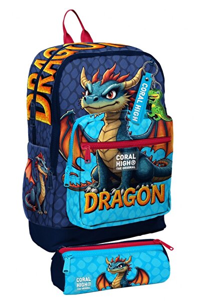 Coral High School Backpack and Pencil Case Set - Blue and Yellow Dragon Patte...