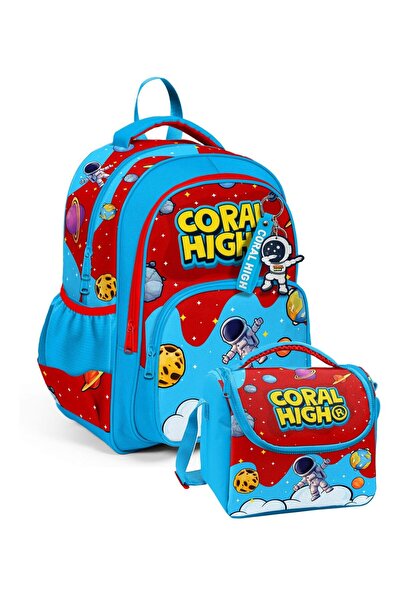 Coral High حقيبة مدرسية للأولاد وطقم غداء - أحمر وأزرق مطبوع عليه رائد فضاء S...