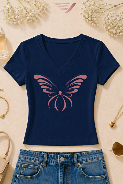 Velostra Women's Butterfly Printed Basic Daily Use V-Neck Slim Fit Lycra T-Shirt