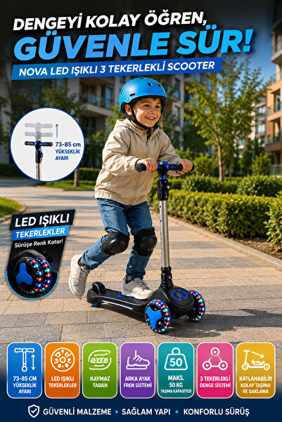 OpenCity Nova LED Işıklı 3 Tekerlekli Çocuk Scooter Ayarlanabilir Gidonlu Kay...