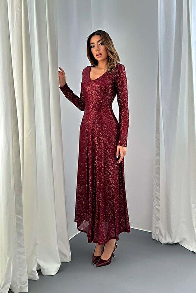 Caddebostan Moda Backless Long Sleeve Sequined Stylish Evening Dress
