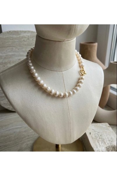 Taşmir Certified Real Natural Pearl Necklace 9-10 mm Steel t Clip