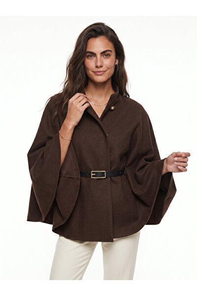 ONLOOX Coffee Wool Blend Wide Cut Poncho with Gold Button Detail at the Colla...