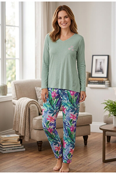 LİMİSSİ Women's V-Neck Lycra High Quality Pajama Set 100% Cotton