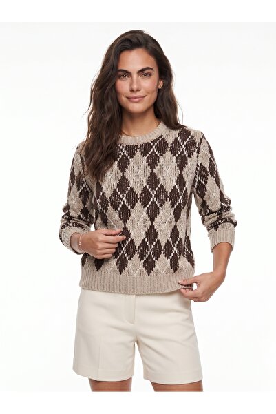 ONLOOX Stone Cotton Viscose Blended Crew Neck Standard Fit Diamond Pattern Kn...
