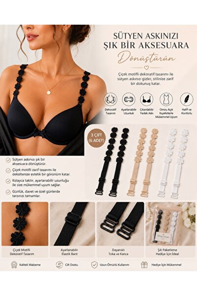 BADELMİRA Decorative Bra Strap with Floral Motif, Adjustable and Removable Re...