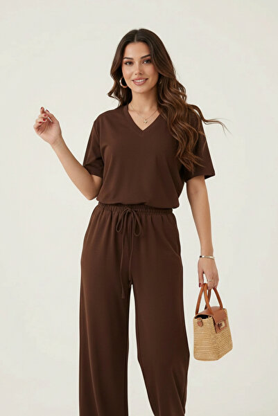 Runades Women's V-Neck Double Set Wide Leg Relaxed Cut Casual Top and Bottom Set