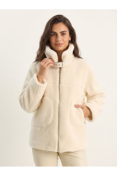ONLOOX Cream Plush Textured Collar Belt Detailed Lined Pocket Zipper Closure ...