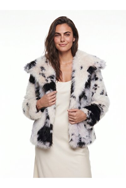 ONLOOX Bone Black Cow Patterned Soft Faux Fur Textured Wide Collar Lined Comf...