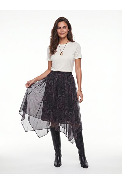 ONLOOX Anthracite Light Flowy Fabric Skirt with Elastic Waist, Asymmetrical C...