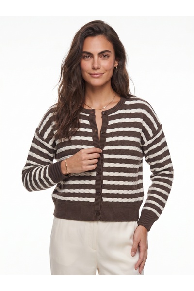 ONLOOX Brown Ecru Cotton Knitwear Crew Neck Low Shoulder Hair Knit Detail Str...