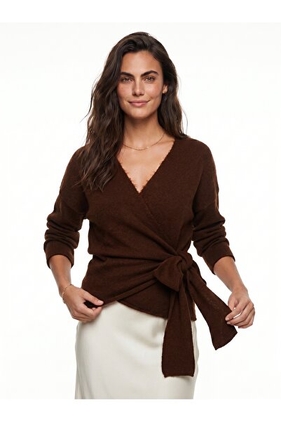 ONLOOX Bitter Coffee Soft Knitwear Textured V-Neck Off-Shoulder Side Tie Stan...