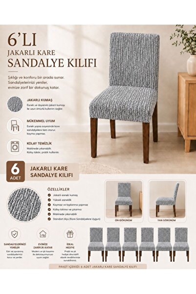 Pixue Kare Sandalyeler Için Premium Jakarlı Kılıf Gri ve Beyaz
