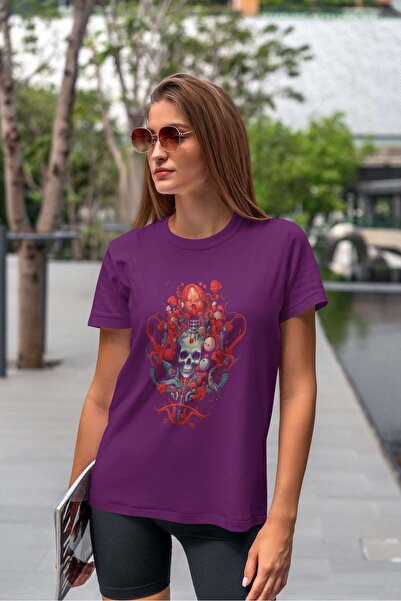 iLovePrints Skull with Roses and Abstract Elements Tshirt
