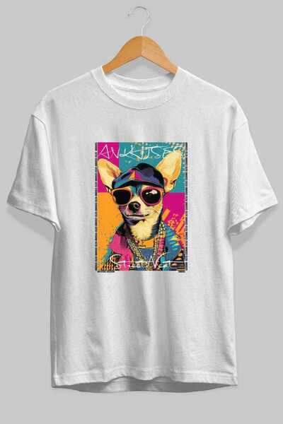 Ankhises For Dog Lovers 37 Dog Printed White Oversize T-Shirt 100% Cotton Uni...