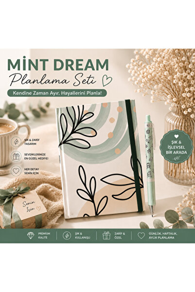 Lizzy Mint Dream Şık Özel Tasarım Ajanda Ve Kalem Seti + Desenli Silinebilir ...