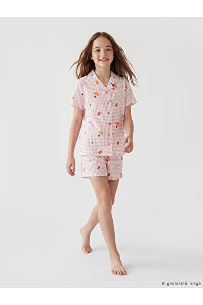 LC Waikiki Lcw Kids Ecru Shirt Collar Patterned Girls' Shorts Pajama Set