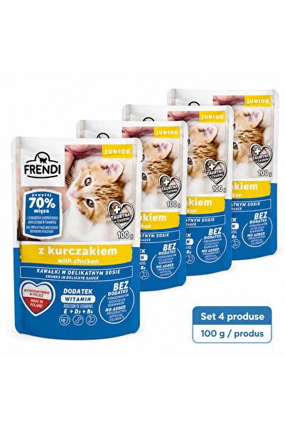 FRENDİ Cat cu Pui Junior, hrana umeda pentru pisici, Set 4 plicuri, 4 x 100 g
