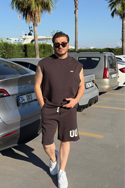 Baskılı Oversize Şort Takım Kahve
