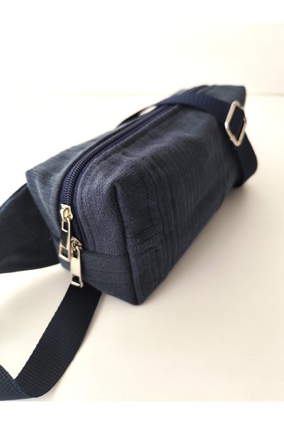 minart design Navy Blue Self-Striped Denim Patchwork Design Cross-Useable Waist Bag