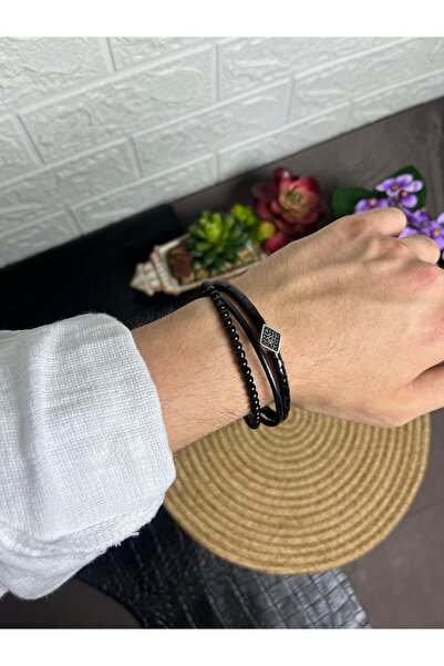 WAKHA Snake Skin Patterned Men's Bracelet Black Beaded Stone Detailed Multi L...