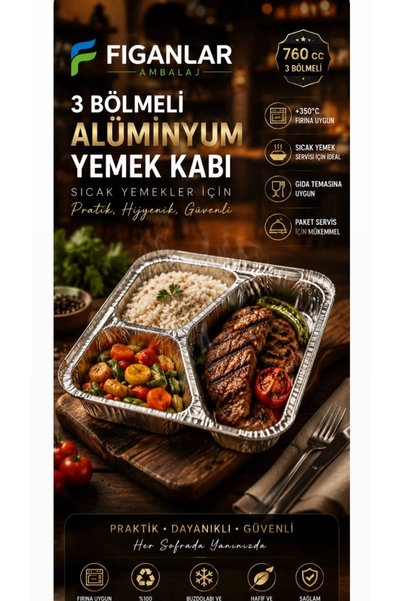 figanlar ambalaj 3 Bölmeli Alüminyum Yemek Kabı 760 cc Kâğıt Kapak Uyumlu Fırına Dayanıklı 50 adet
