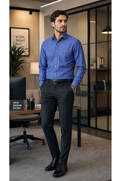 GÖMLEK GALERİSİ Men's Classic Wide Cut Plain Filafil Woven Long Sleeve Shirt