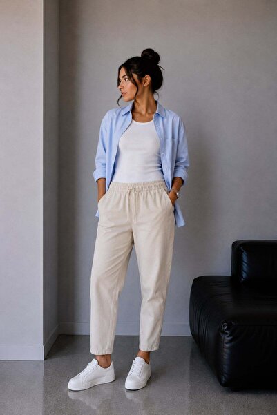 Vadon 1019 Kadın %100 Pamuk Gabardin Lastikli Bel Havuç Kesim Pantolon Bej