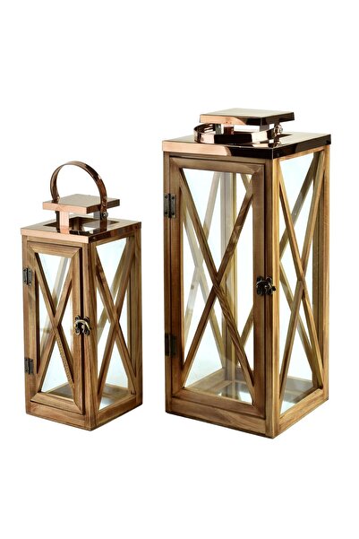 MONDEX Set de felinare decorative din lemn LEVI GOLD 18x18x45 cm + 12.5x12.5x...