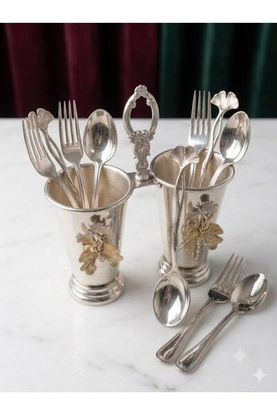 ORUÇ BEY Luxury Silver Plated 2-Compartment Cutlery Holder with Handle, Butte...
