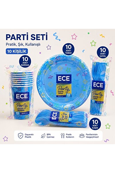 Ece 10 Kişilik Mavi Parti Seti Plastik Tabak Bardak Çatal Kaşık Seti