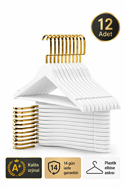 AXE HOME 12 Adet Beyaz Askı İtalyan Altın Kanca Ahşap Görünümlü Plastik Askı