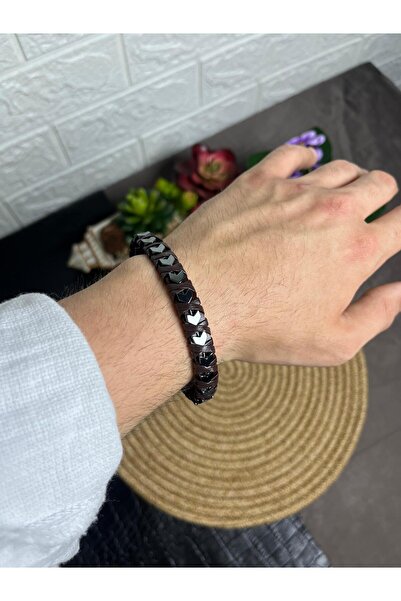WAKHA Brown Braided Leather and Black Steel Arrow Detailed Men's Bracelet