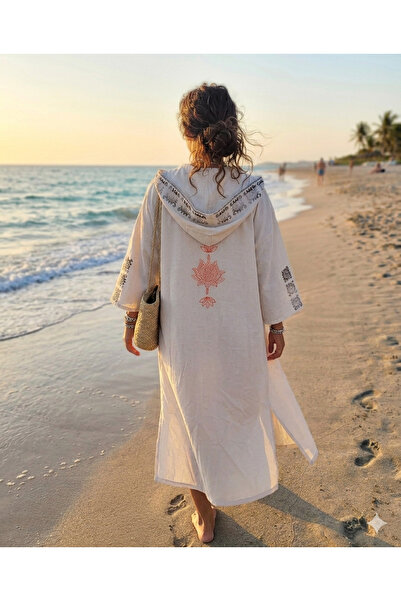 HMM DESİGN Baskılı Keten Kimono, Kapüşonlu Boho Plaj Kimono, Doğal Yıkanmış K...