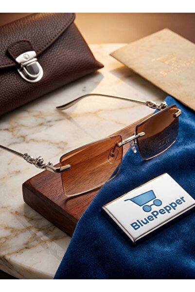 BluePepper Poster |   Rectangular Glass Frameless Sunglasses with Lion Detail...