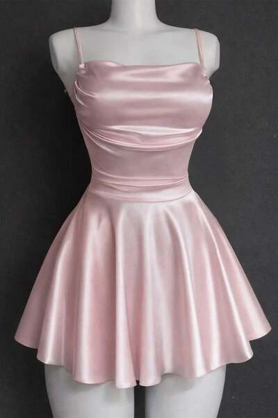Köstebek Pembe Saten Drape Detaylı İp Askılı Elbise