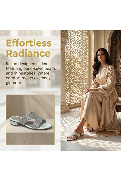Dhiaa Walk Women’s Square Toe Pearl & Crystal Slides - Embellished Flat Sanda...
