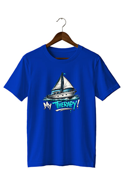 WİDİ Sailboat and Sea My Therapy Street Style Printed T-Shirt 100% Cotton