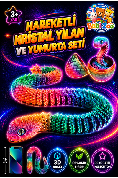 Hareketli Kristal Yılan ve Yumurta Seti - 3D Baskı Organik Figür Oyuncak Dekoratif Koleksiyon