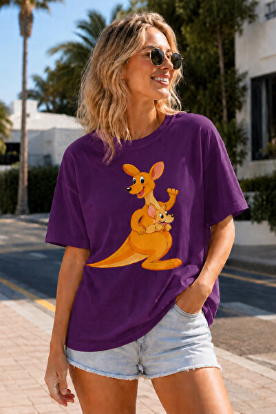 ArtYus Kangaroo and Baby Kangaroo Printed Unisex Oversize T-Shirt – Cotton Cr...