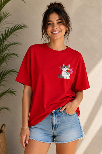 ArtYus Mačka sa buketom cveća, unisex majica sa širokim krojem – pamučna leže...