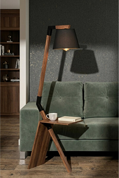 Lambazade Walnut Black Siyah Şapkalı Ahşap Sehpalı Lambader