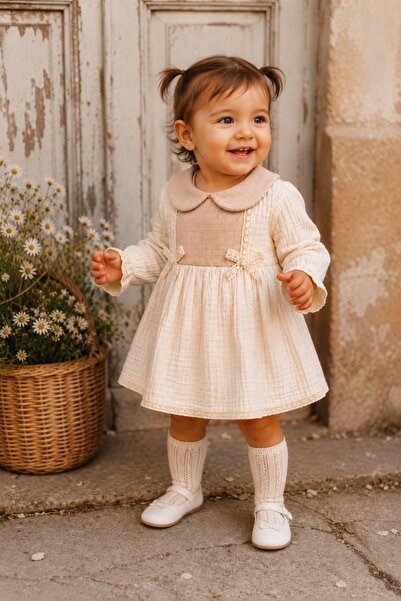 Pure Boutique Rochita fetite din muselina, ivoire, cu guler rotund si dantela...