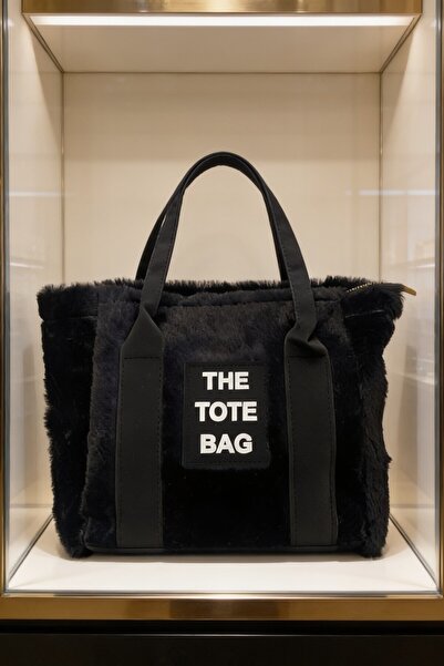 ents Women's Black Plush Fur Textured Daily Tote Handbag