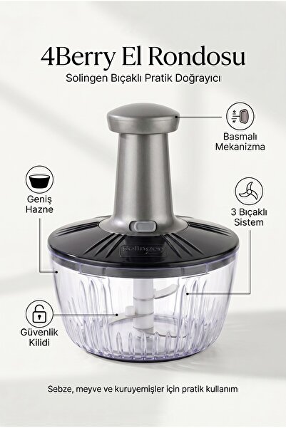 4 Berry Solingen Bıçaklı El Rondosu – 3 Bıçaklı Basmalı Pratik Doğrayıcı Gri