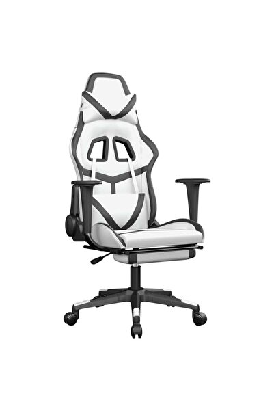 vidaxl Scaun de gaming cu suport picioare, alb/negru, piele ecologică