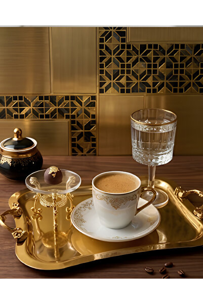 Moon Dizayn Gold/Gümüş Detaylı Premium Kahve Yanı Sunum Seti – Şık Tepsi, Ayaklı İkramlık ve Bardak